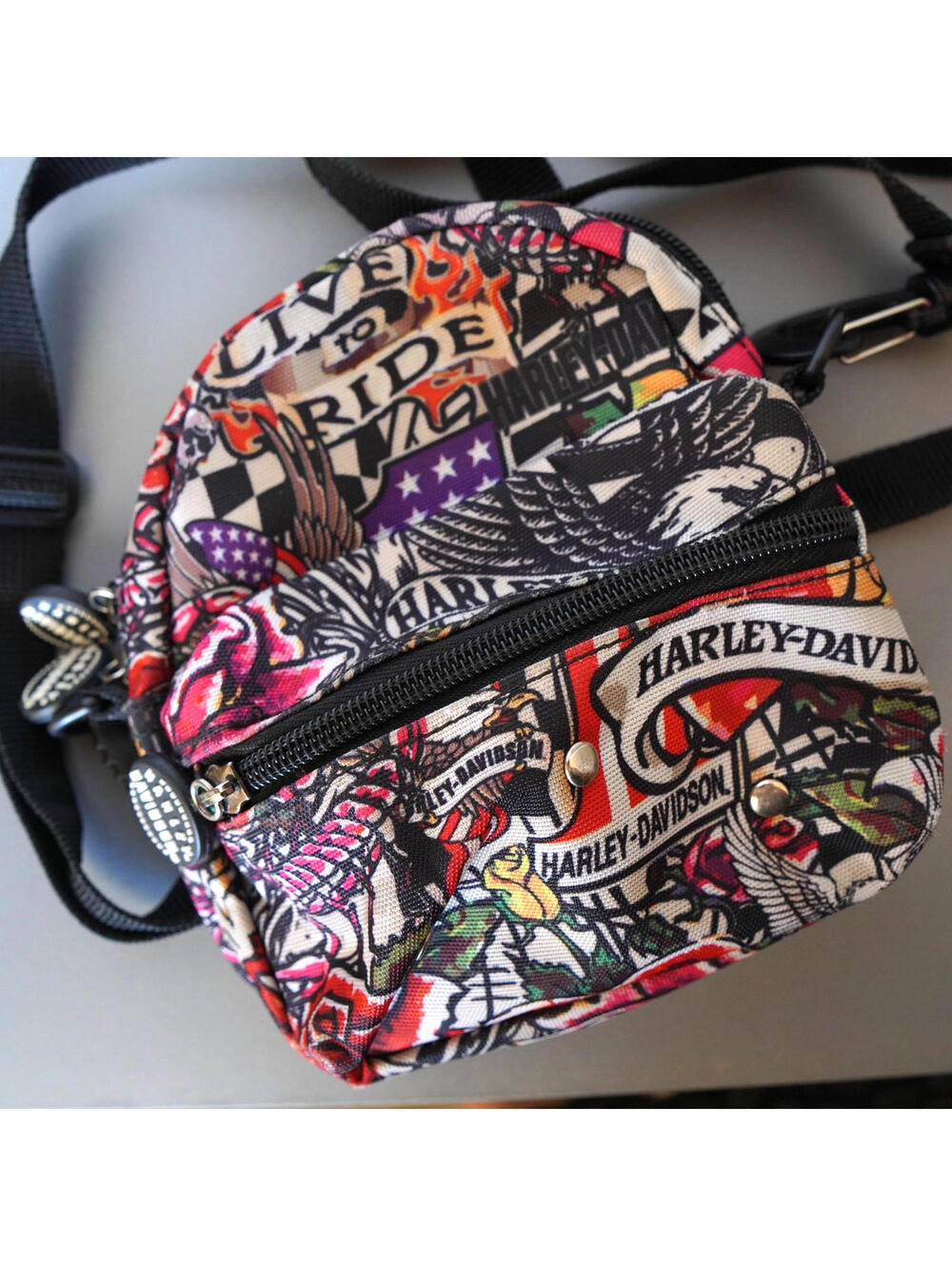 Y2K Harley Davidson Tattoo Print Mini Backpack Crossbody Belt Bag Cute